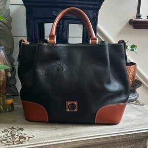 Dooney & Bourke Black and Brown Pebbled Grain Leather Satchel-no shoulder strap